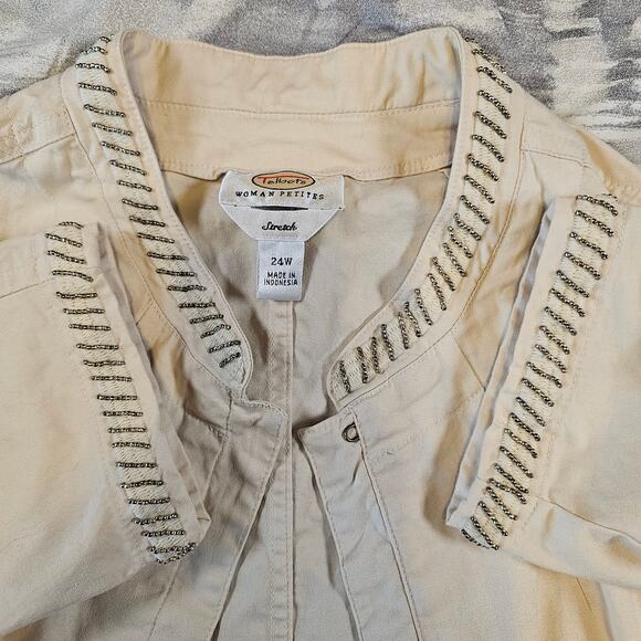 Talbots Cream Nehru Jacket Bronze Beading Stretch Women Petite 24W Vintage Plus - Picture 1 of 9